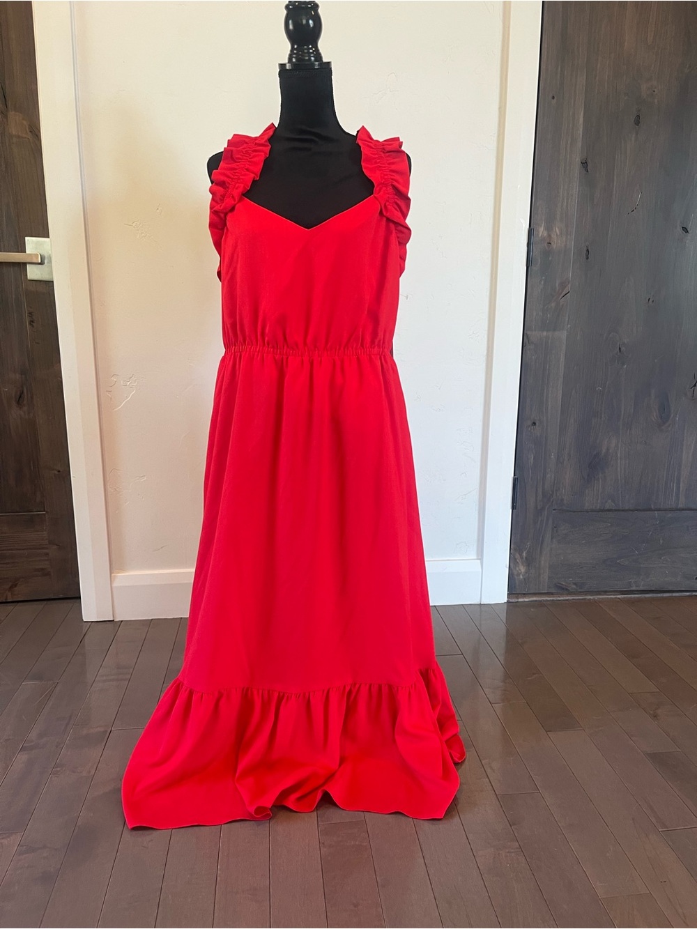 Kensie Bright Red Ruffle Strap Maxi Dress